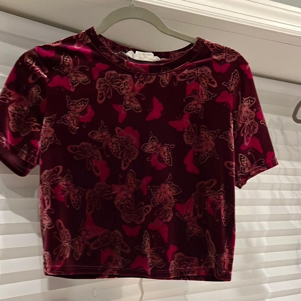 Hardly worn urban renewal size large velvet burn out crop top with butterflies.